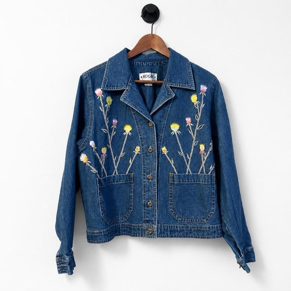 Vintage Embroidered Floral Denim Jacket Roger 100% Cotton Thistle Design Artwear
